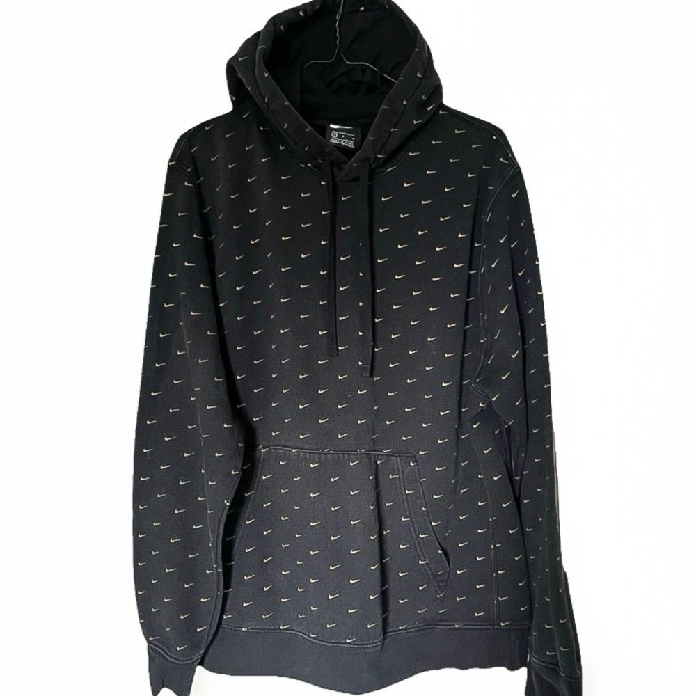 Nike Men's All Over Swoosh Logo Hoodie Pullover Black Gold Large